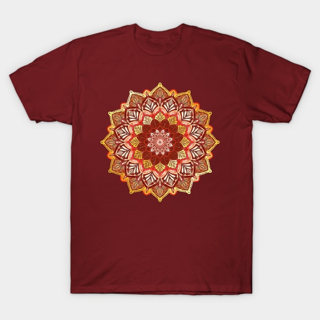 Boho Mandala in Dark Red and Gold T-Shirt by micklyn